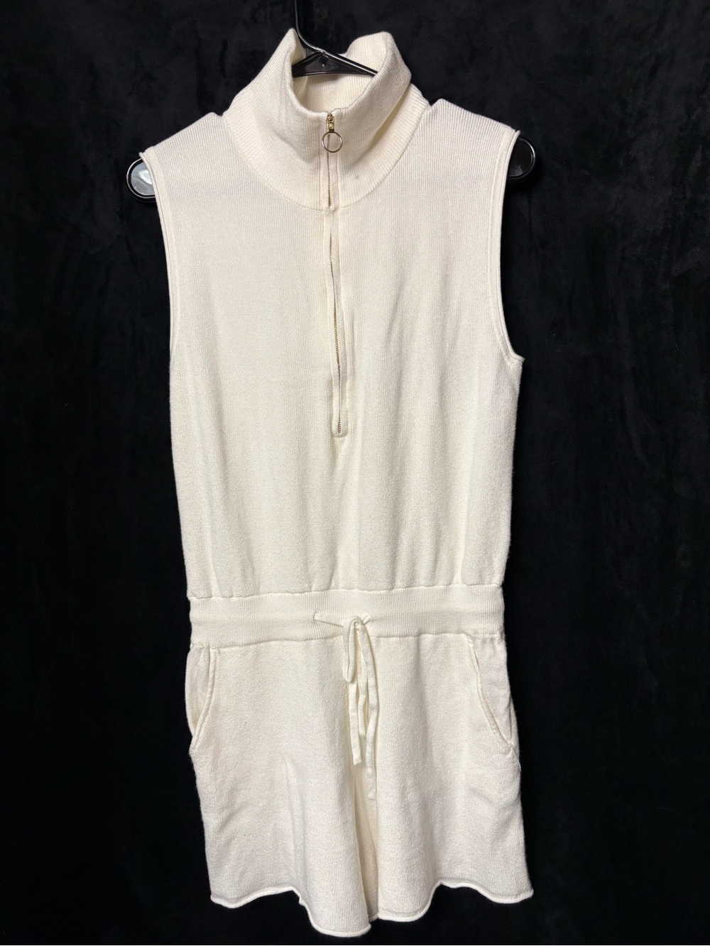 Sleeveless Cream Terry Romper with Zip Mock Neck